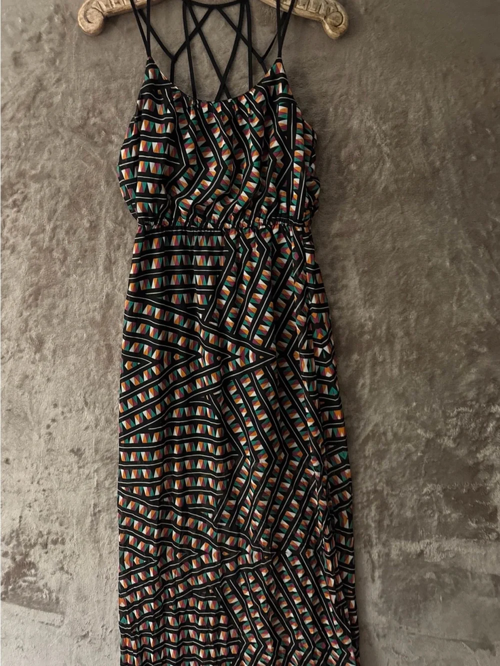 Socialite Black Strappy Maxi Dress with Multicolor Geo Print Women’s Size M
